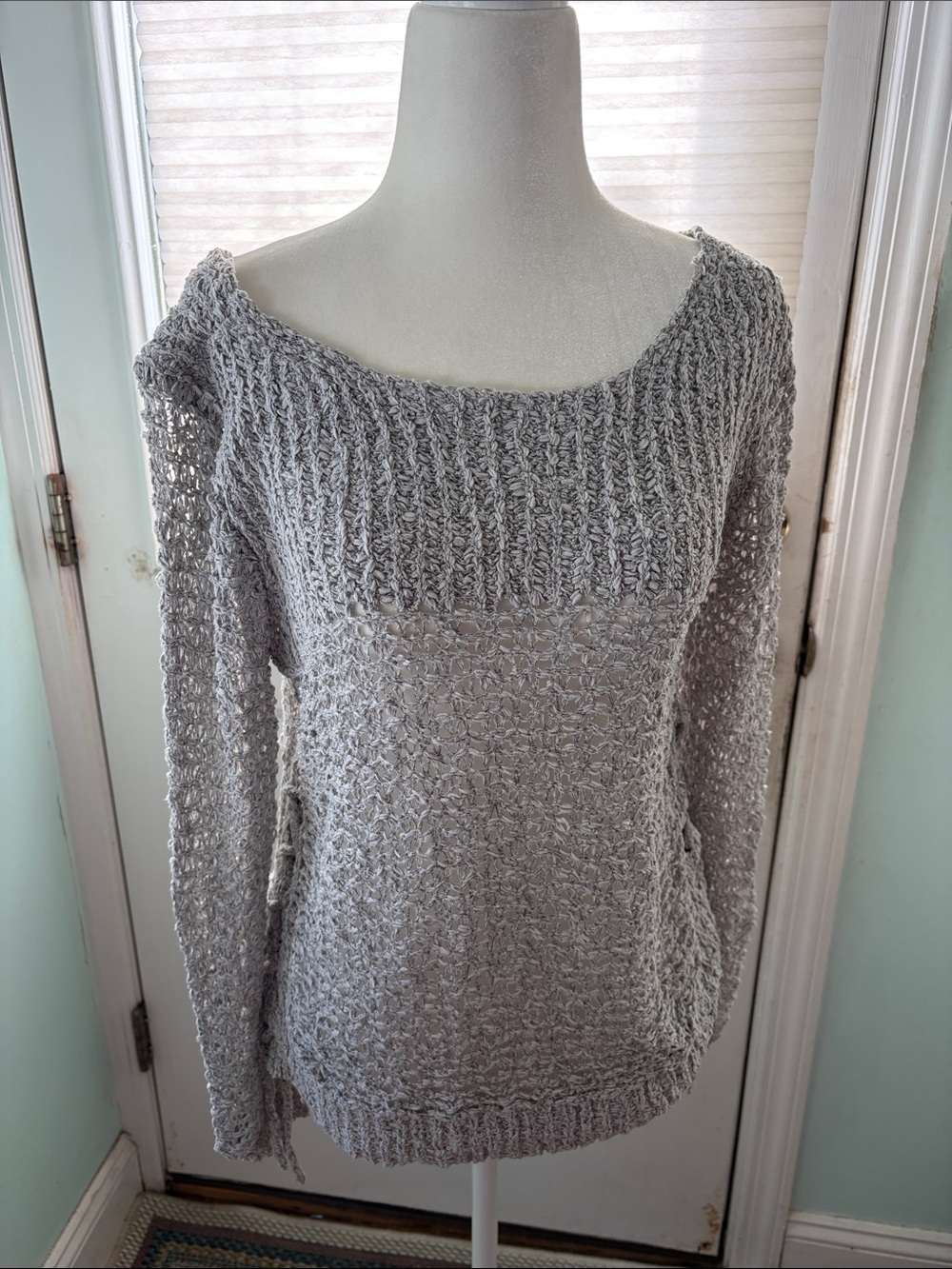 BB Dakota Off-Shoulder Open-Weave Gray Sweater
